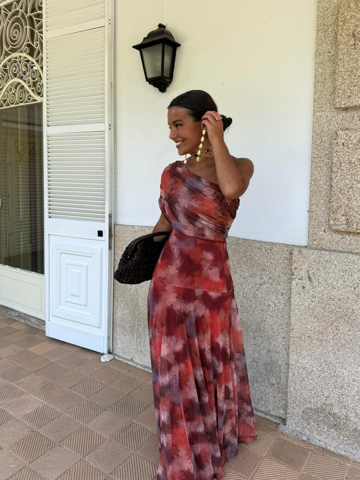 One-Shoulder Watercolor Long Dress