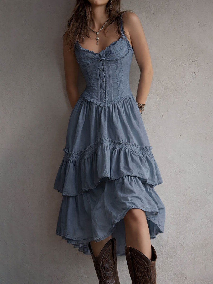 Midi Boho Retro Dress with Corset with Balze & Lace Trim