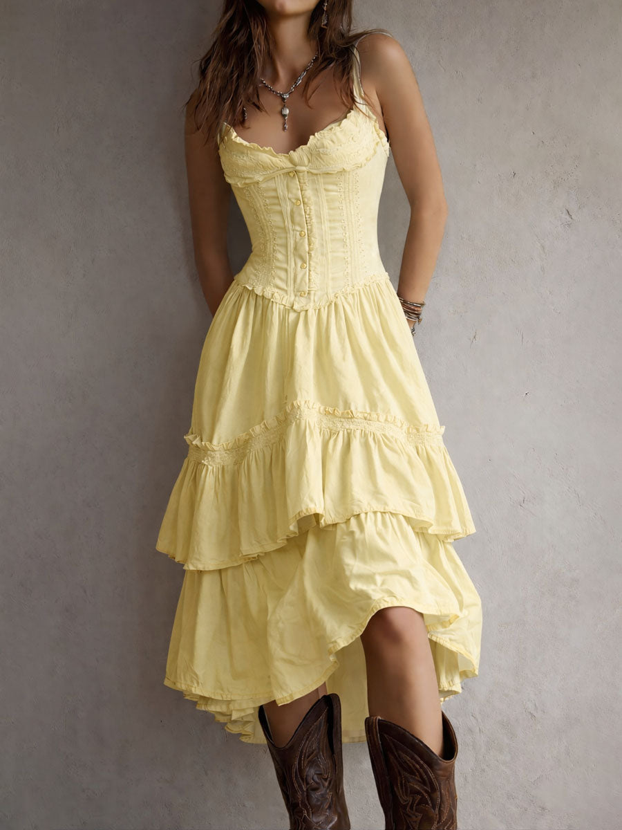 Midi Boho Retro Dress with Corset with Balze & Lace Trim