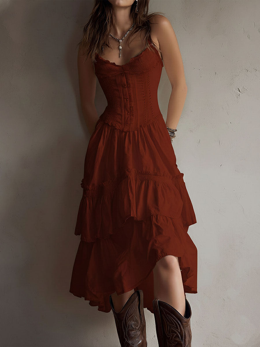Midi Boho Retro Dress with Corset with Balze & Lace Trim