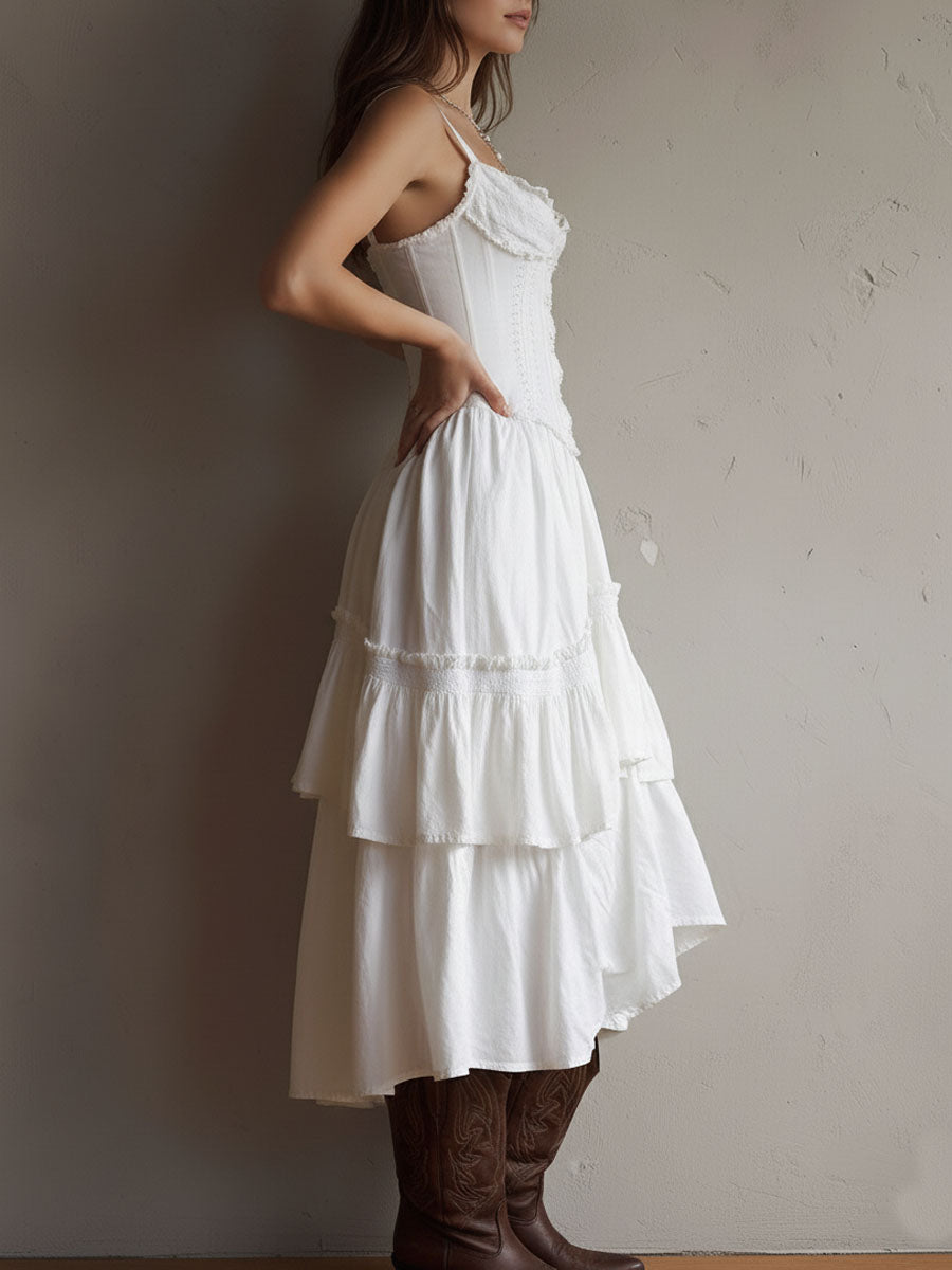 Midi Boho Retro Dress with Corset with Balze & Lace Trim