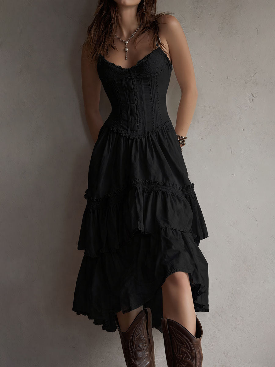 Midi Boho Retro Dress with Corset with Balze & Lace Trim