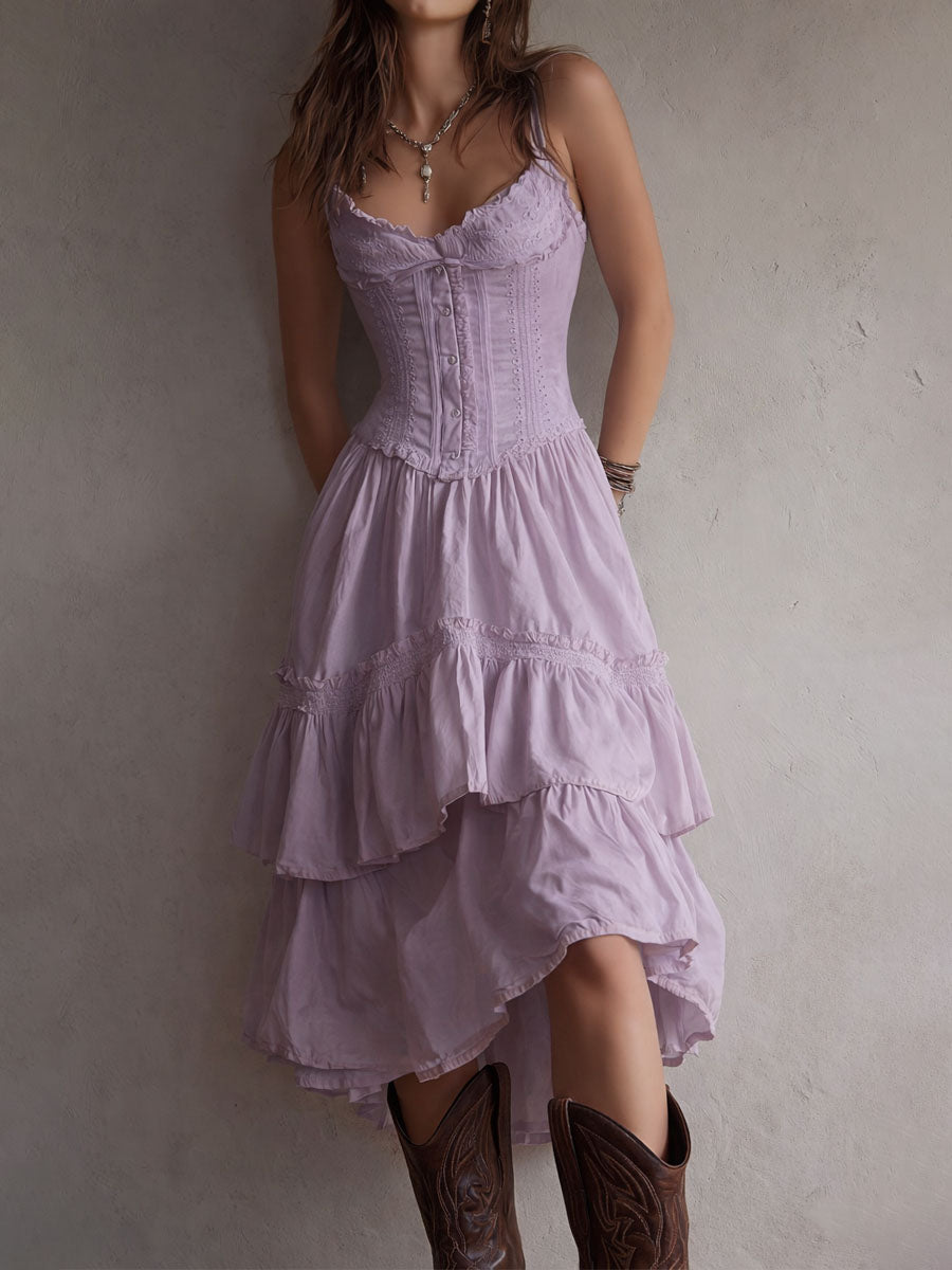 Midi Boho Retro Dress with Corset with Balze & Lace Trim
