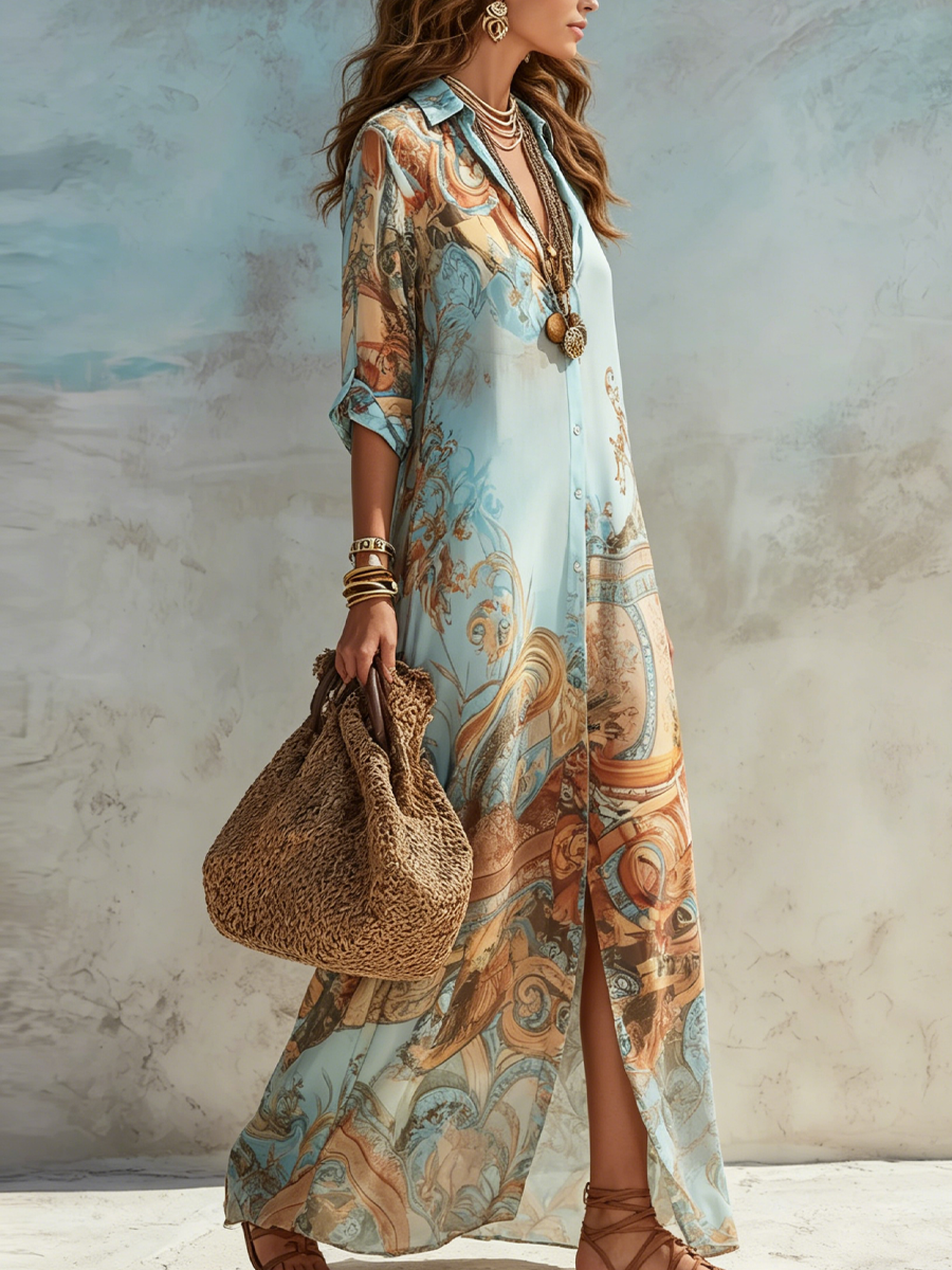 Long in Chiffon Blue Dress with Floral Print Barocca