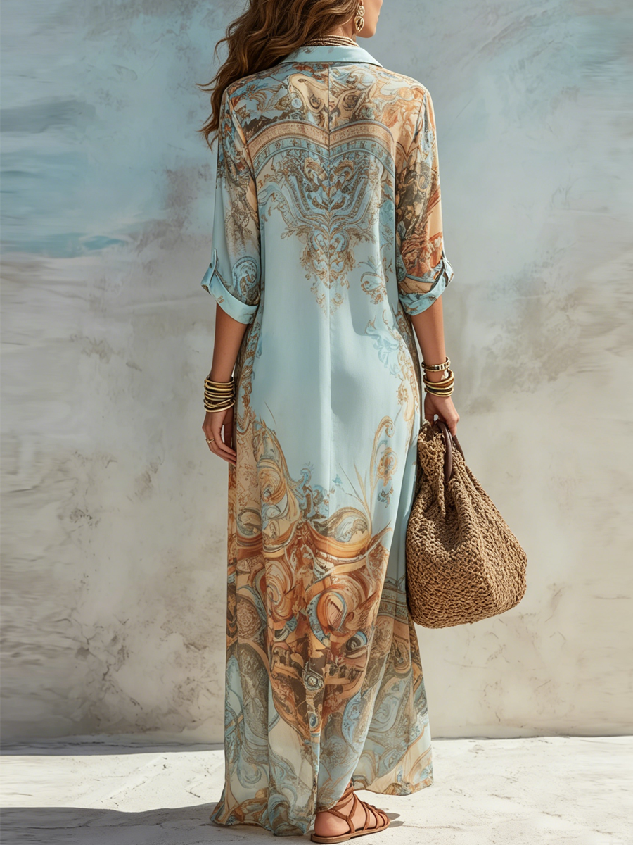 Long in Chiffon Blue Dress with Floral Print Barocca