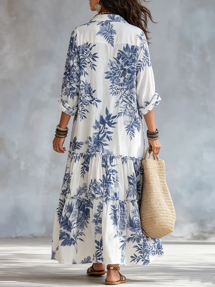 Long Boho Floral Blue Dress with Buttons