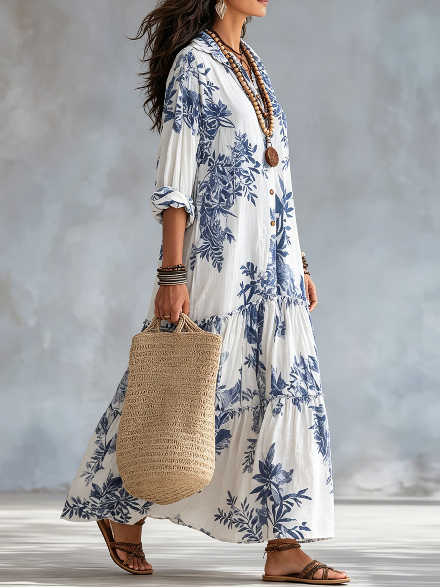 Long Boho Floral Blue Dress with Buttons