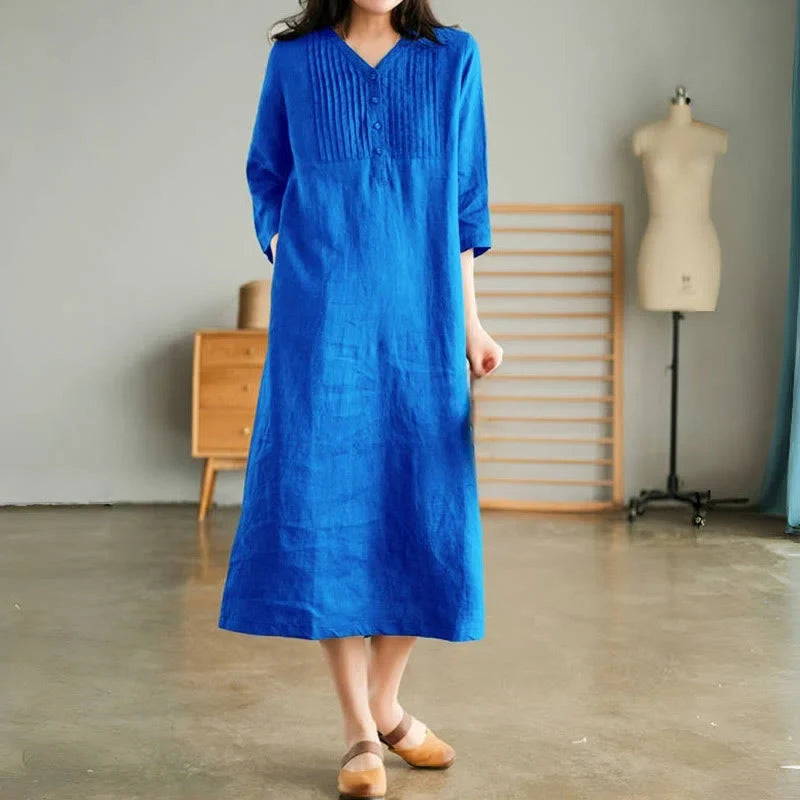 Laura | Long Linen & Cotton Dress with Vintage V-Neck