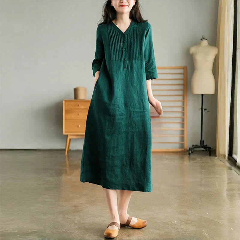 Laura | Long Linen & Cotton Dress with Vintage V-Neck