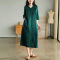 Laura | Long Linen & Cotton Dress with Vintage V-Neck