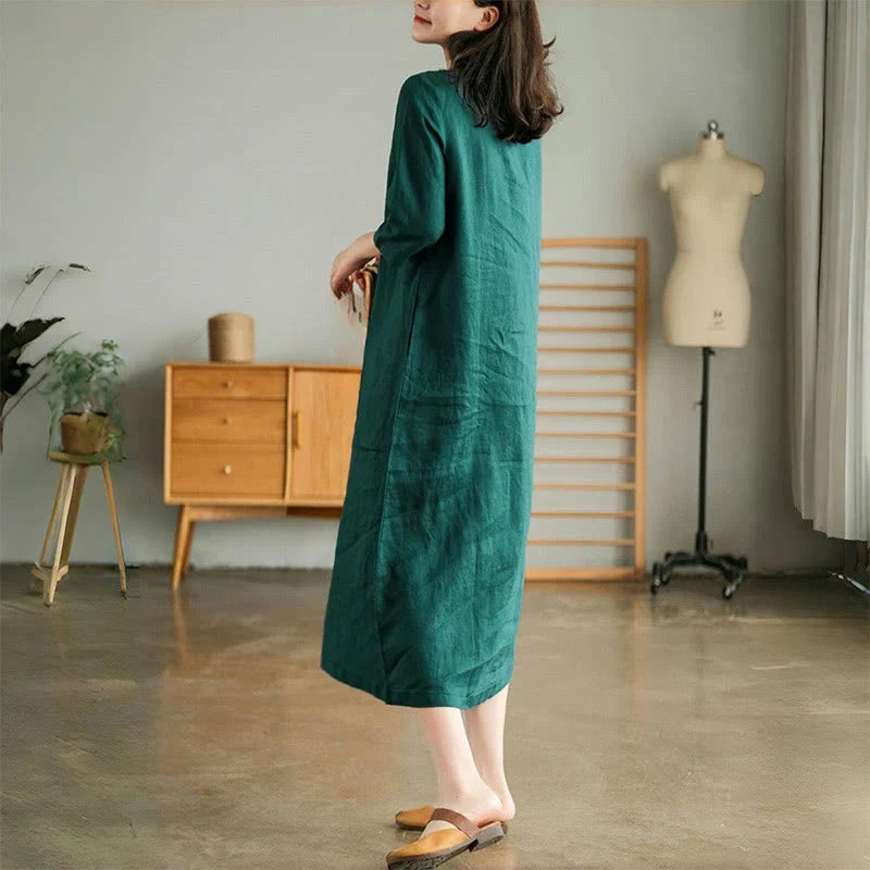 Laura | Long Linen & Cotton Dress with Vintage V-Neck