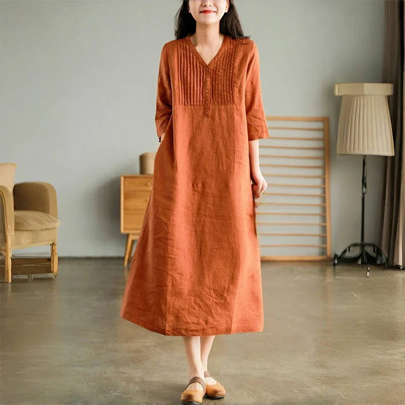 Laura | Long Linen & Cotton Dress with Vintage V-Neck