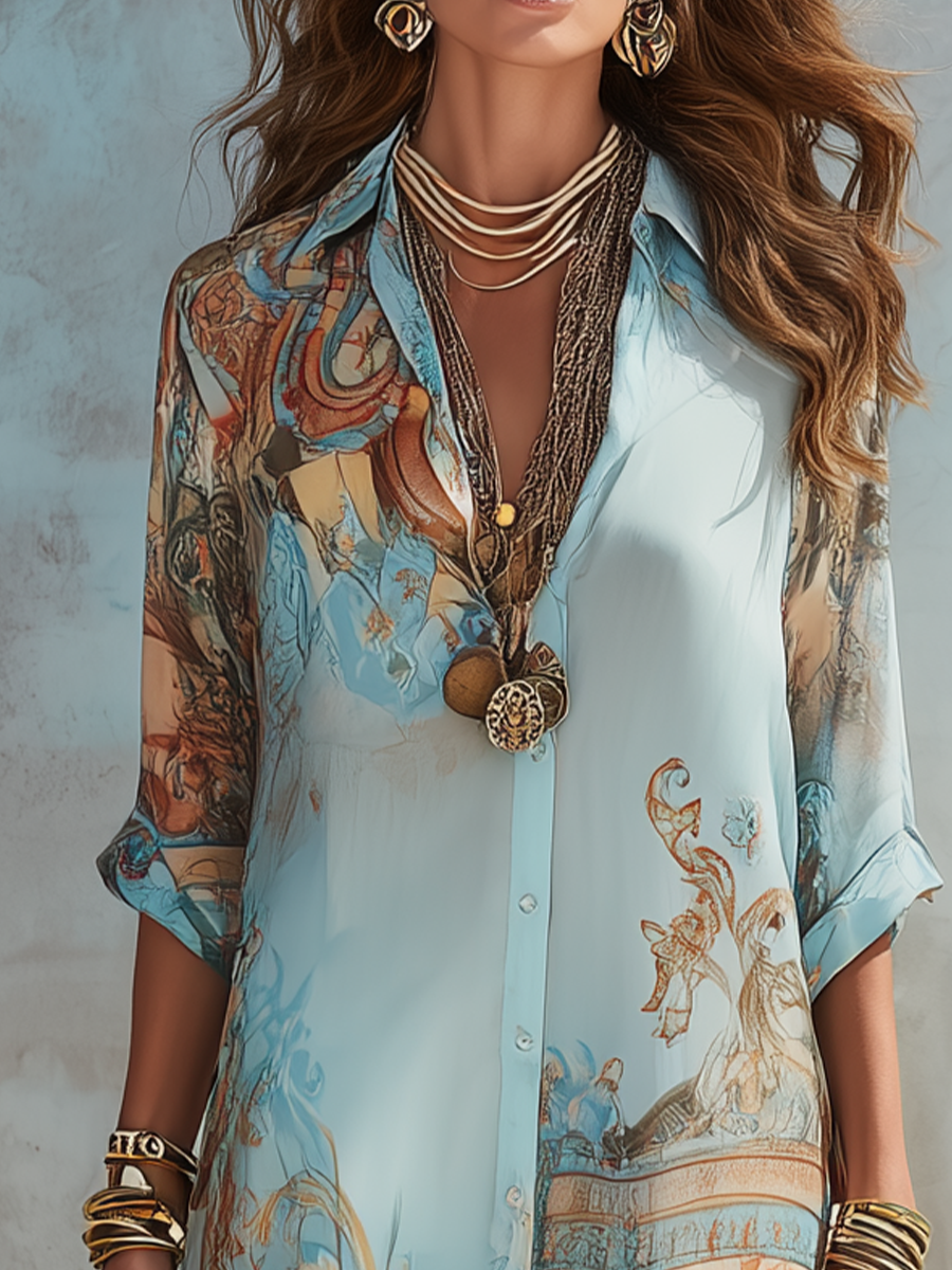 Long in Chiffon Blue Dress with Floral Print Barocca