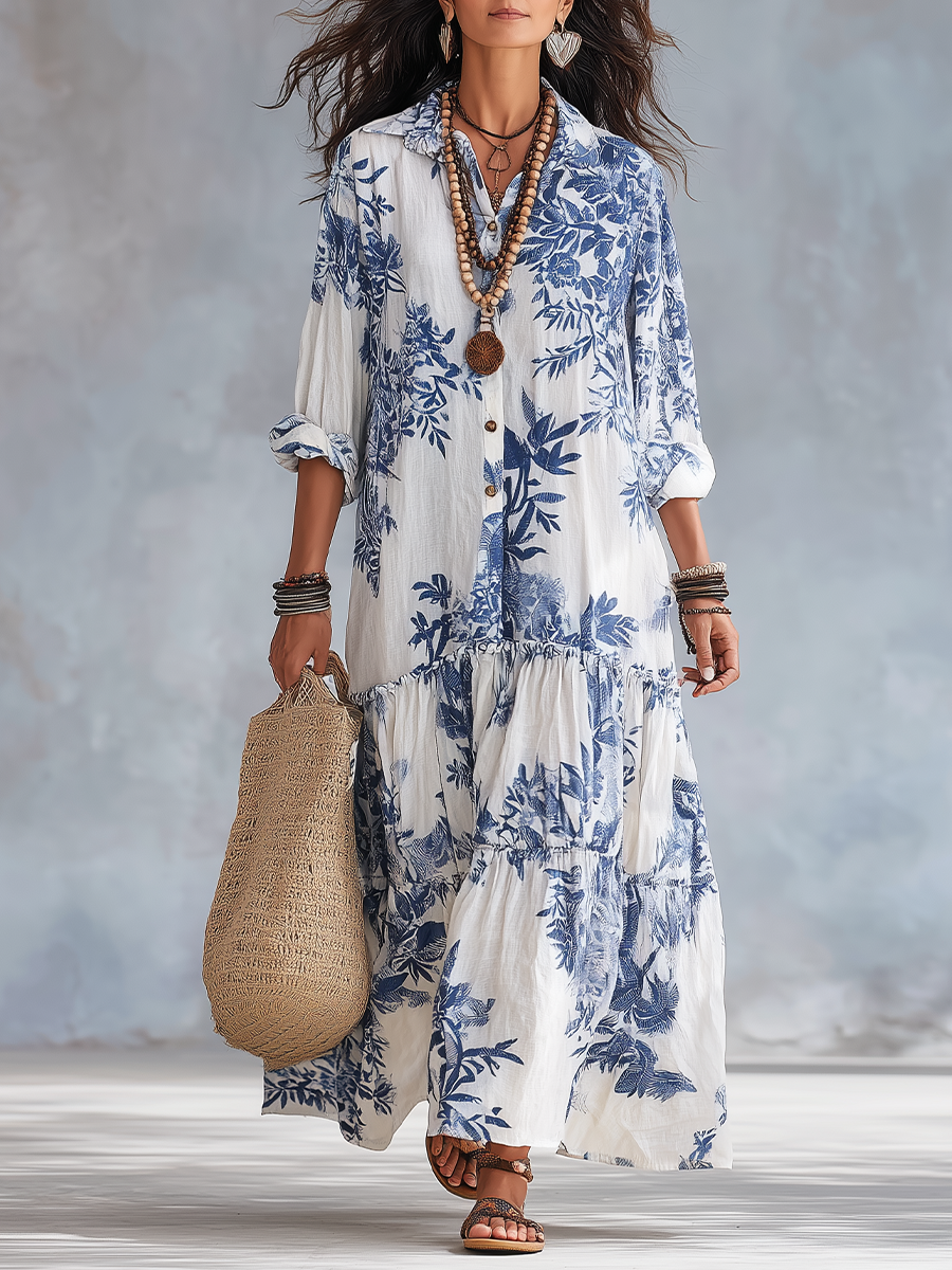 Blue Floral Boho Long Dress with Buttons