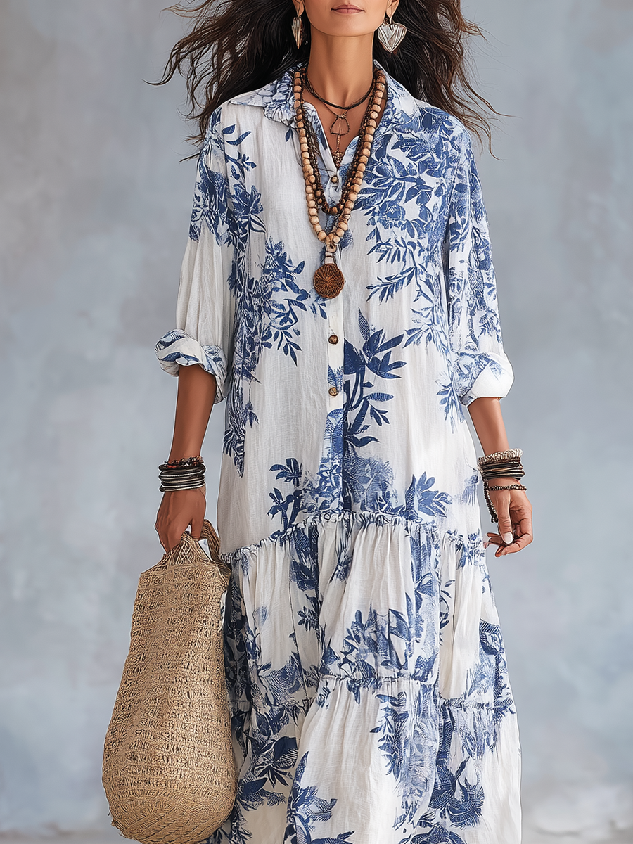 Long Boho Floral Blue Dress with Buttons