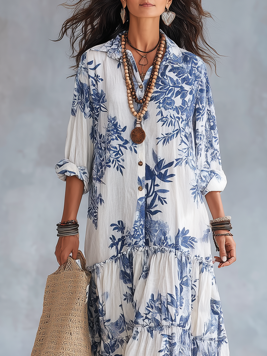 Long Boho Floral Blue Dress with Buttons