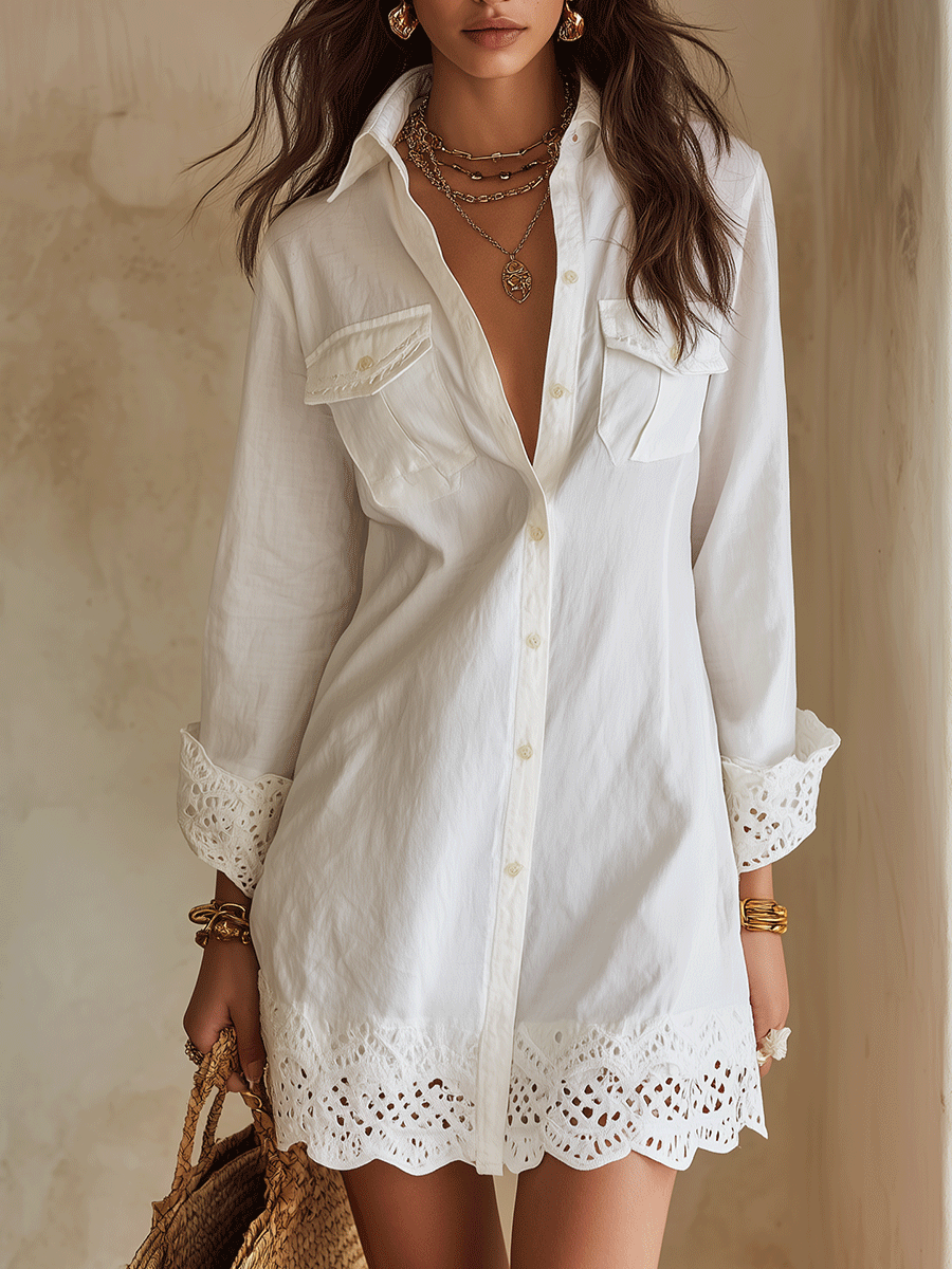 Mini Dress White Boho Shirt Dress for Resort with Hem with Sangallo