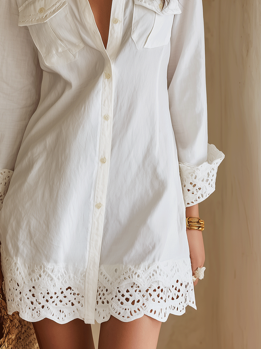 Mini Dress White Boho Shirt Dress for Resort with Hem with Sangallo