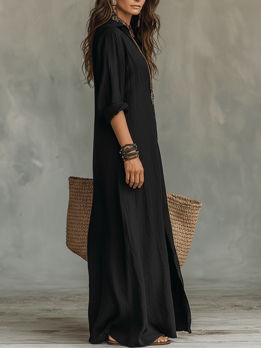 Dress Long Boho Black Shirt Dress with Buttons