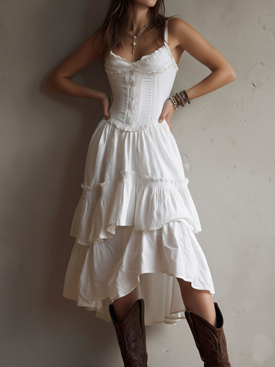 Midi Boho Retro Dress with Corset with Balze & Lace Trim