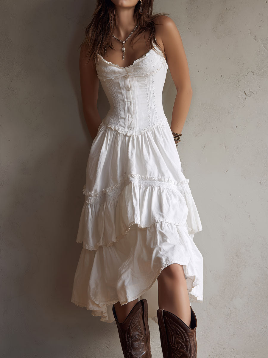 Midi Boho Retro Dress with Corset with Balze & Lace Trim