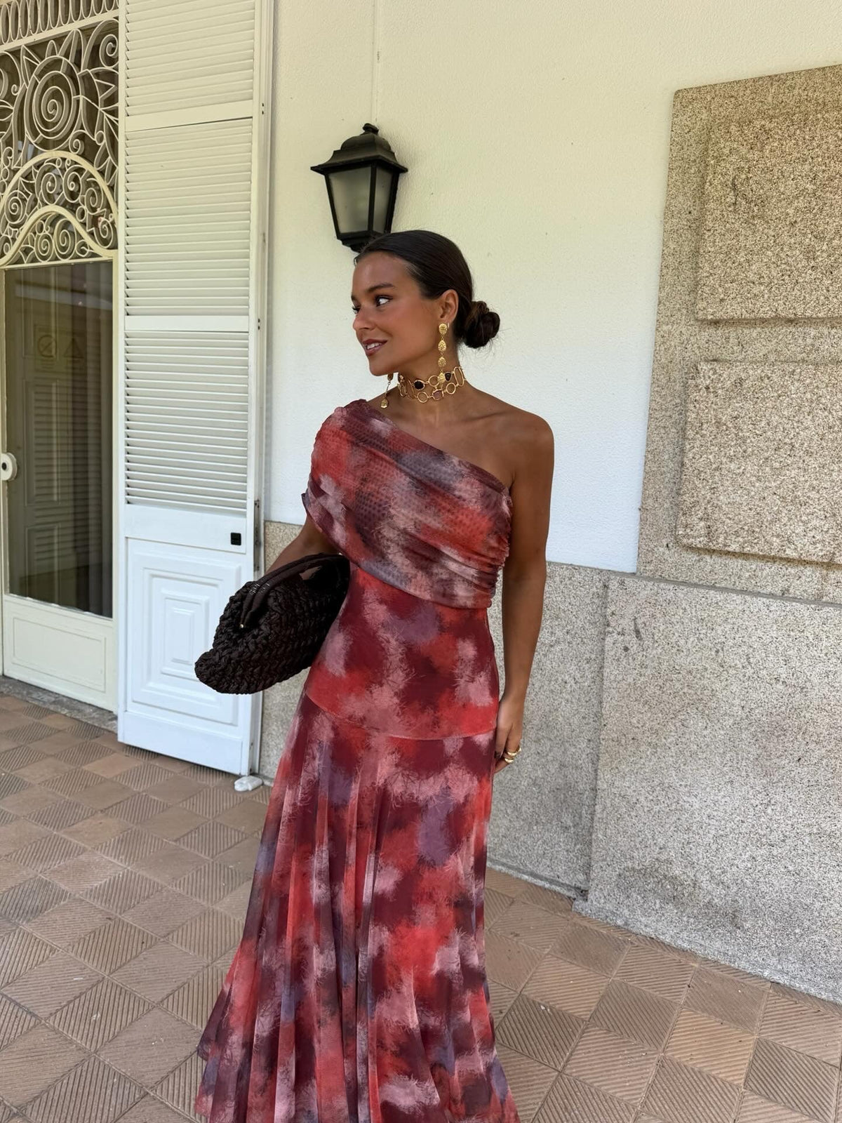 One-Shoulder Watercolor Long Dress