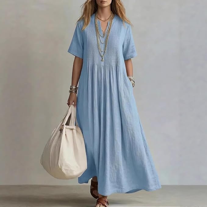 Giovanna | Long Cotton & Linen Dress with V-Neck