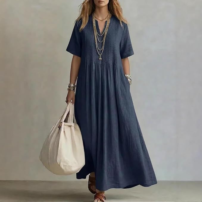 Giovanna | Long Cotton & Linen Dress with V-Neck