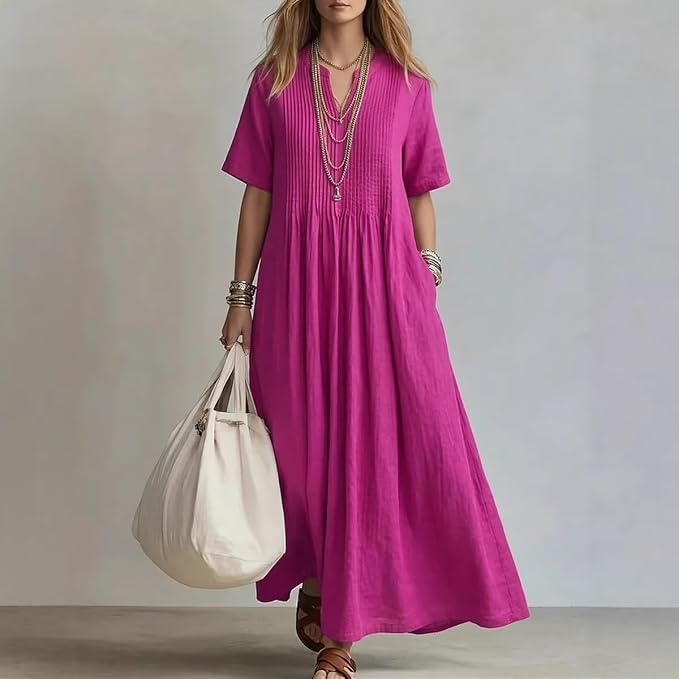 Giovanna | Long Cotton & Linen Dress with V-Neck