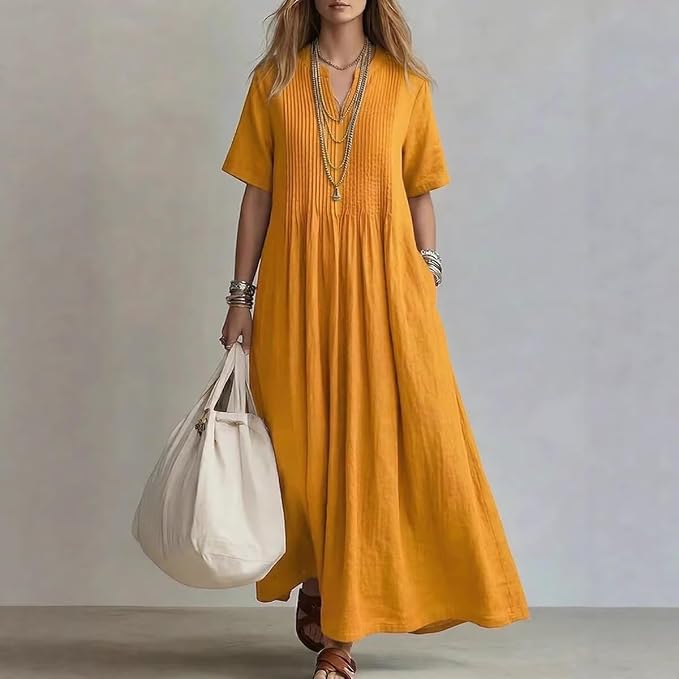Giovanna | Long Cotton & Linen Dress with V-Neck