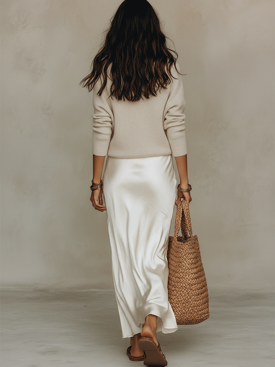 Two-Piece Midi Ivory Knit Set & Satin