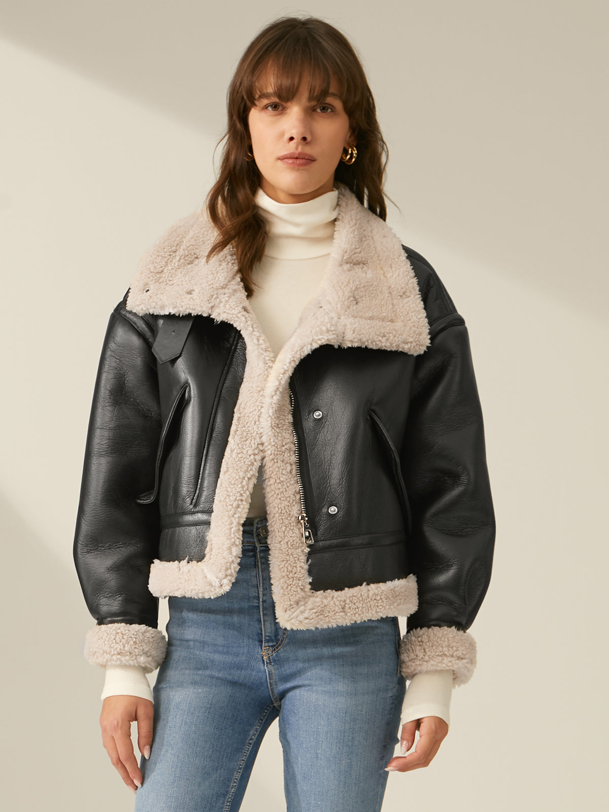 Tiberia | Faux Leather Aviator Jacket with Sherpa Lining