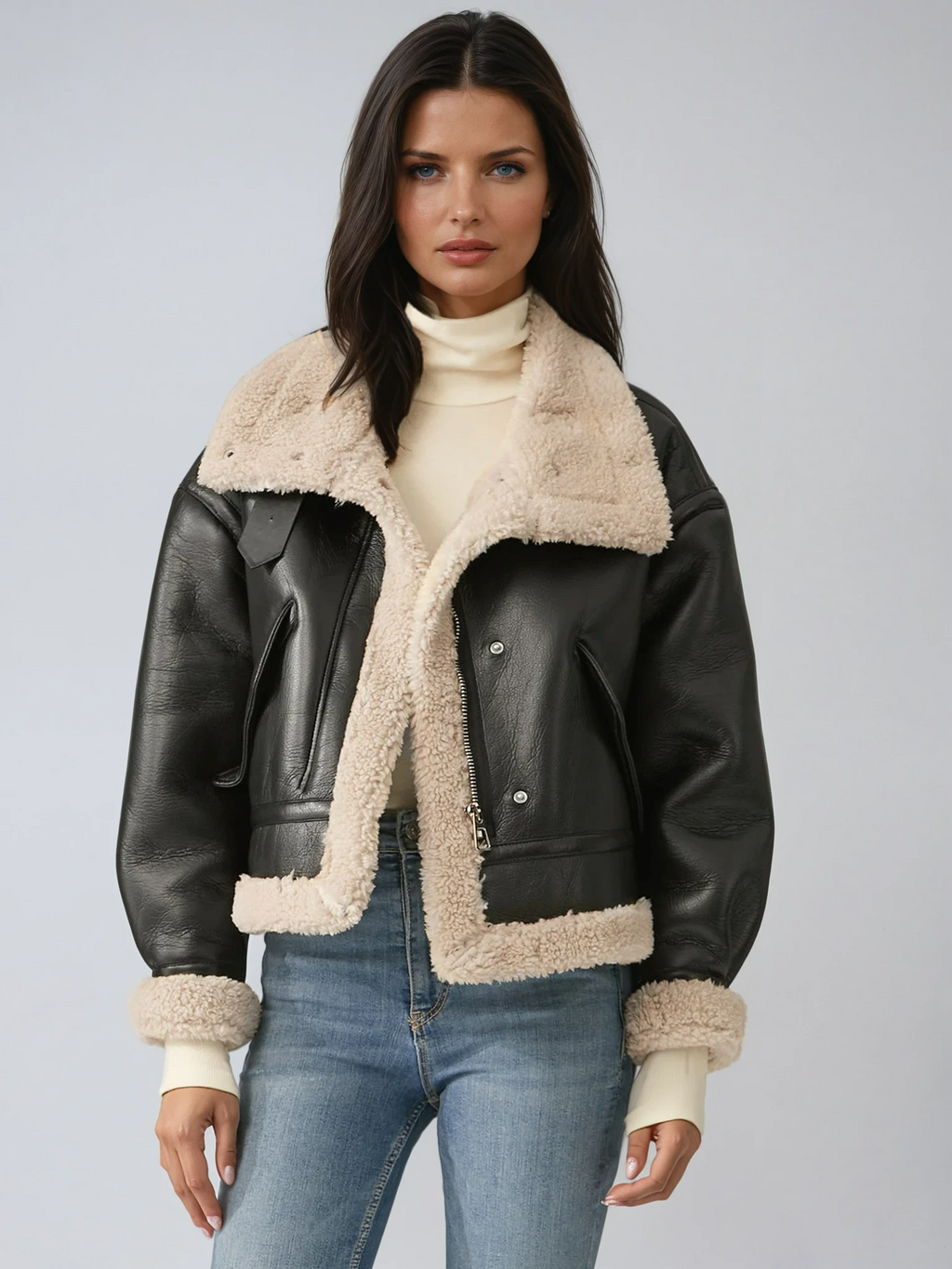Tiberia | Faux Leather Aviator Jacket with Sherpa Lining