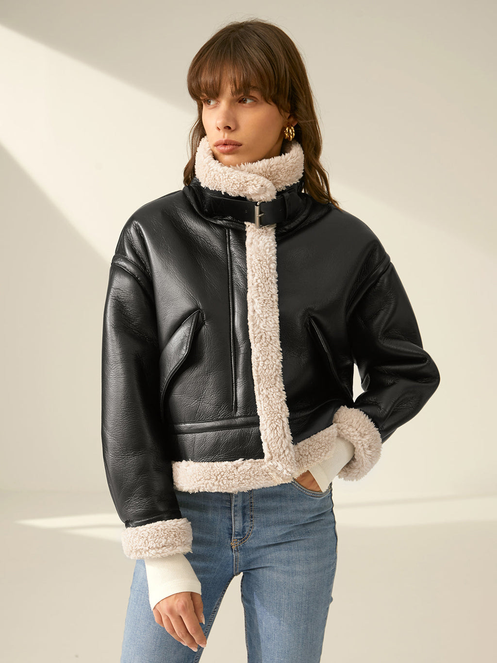 Tiberia | Faux Leather Aviator Jacket with Sherpa Lining