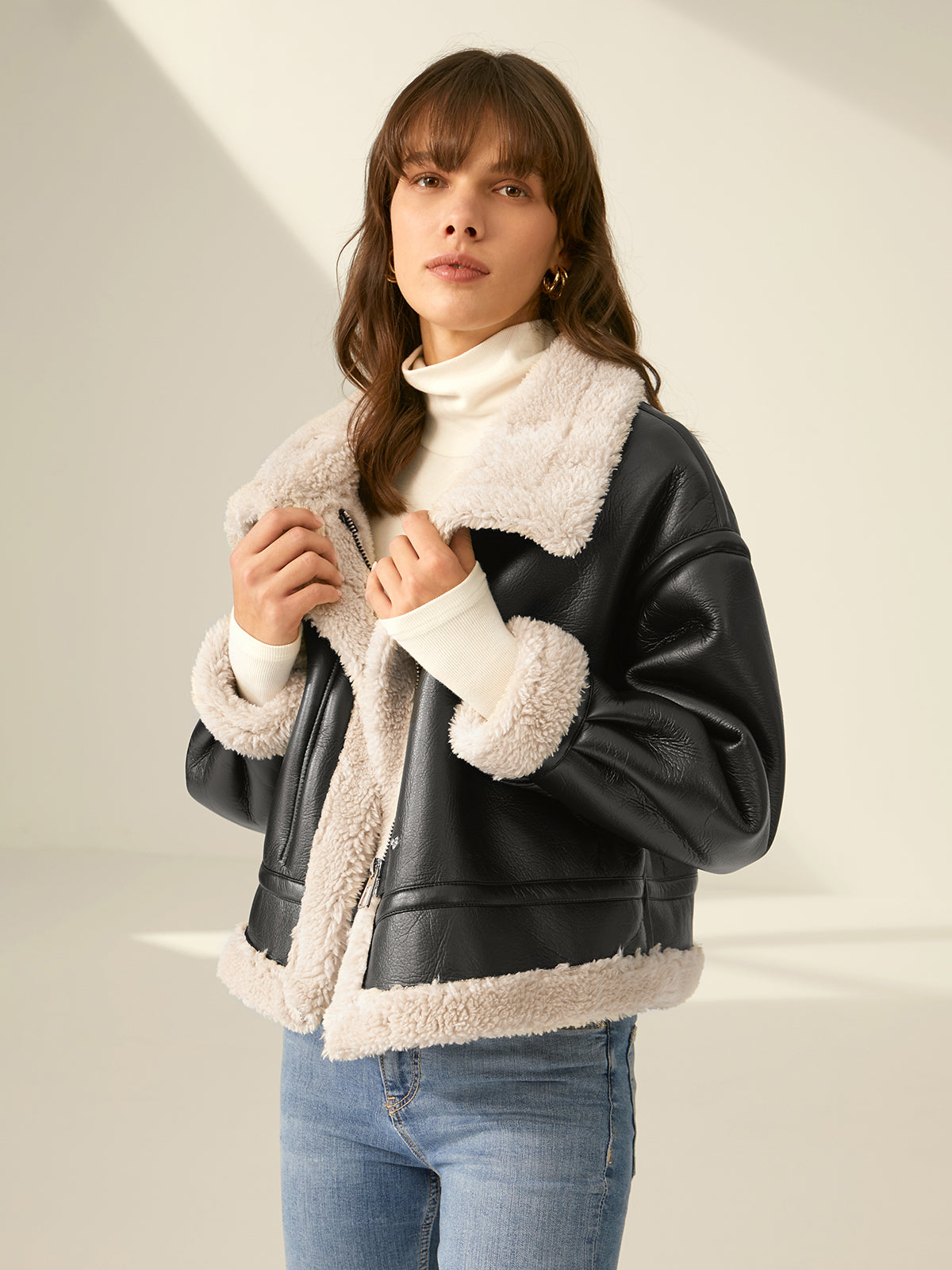 Tiberia | Faux Leather Aviator Jacket with Sherpa Lining