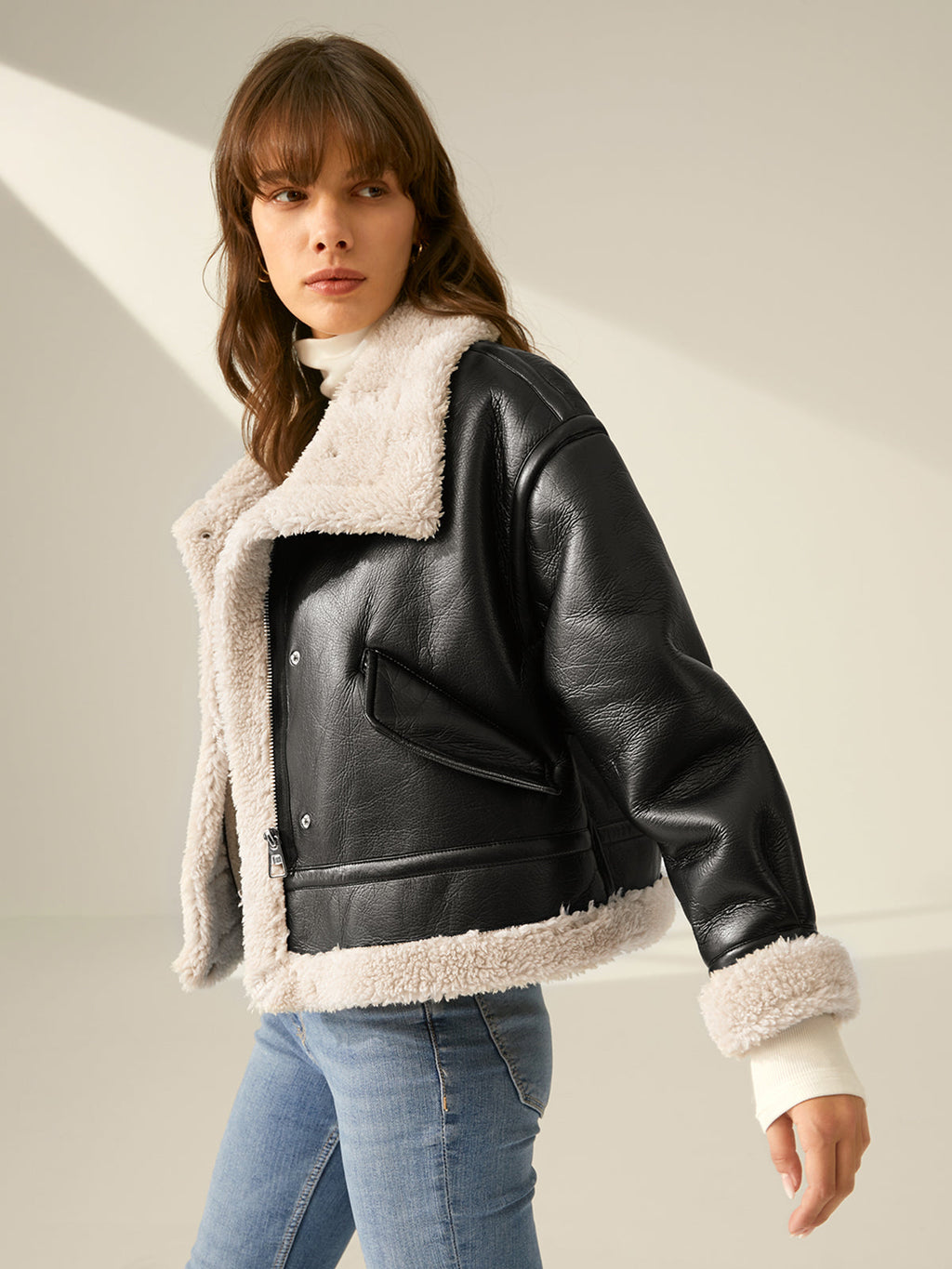 Tiberia | Faux Leather Aviator Jacket with Sherpa Lining