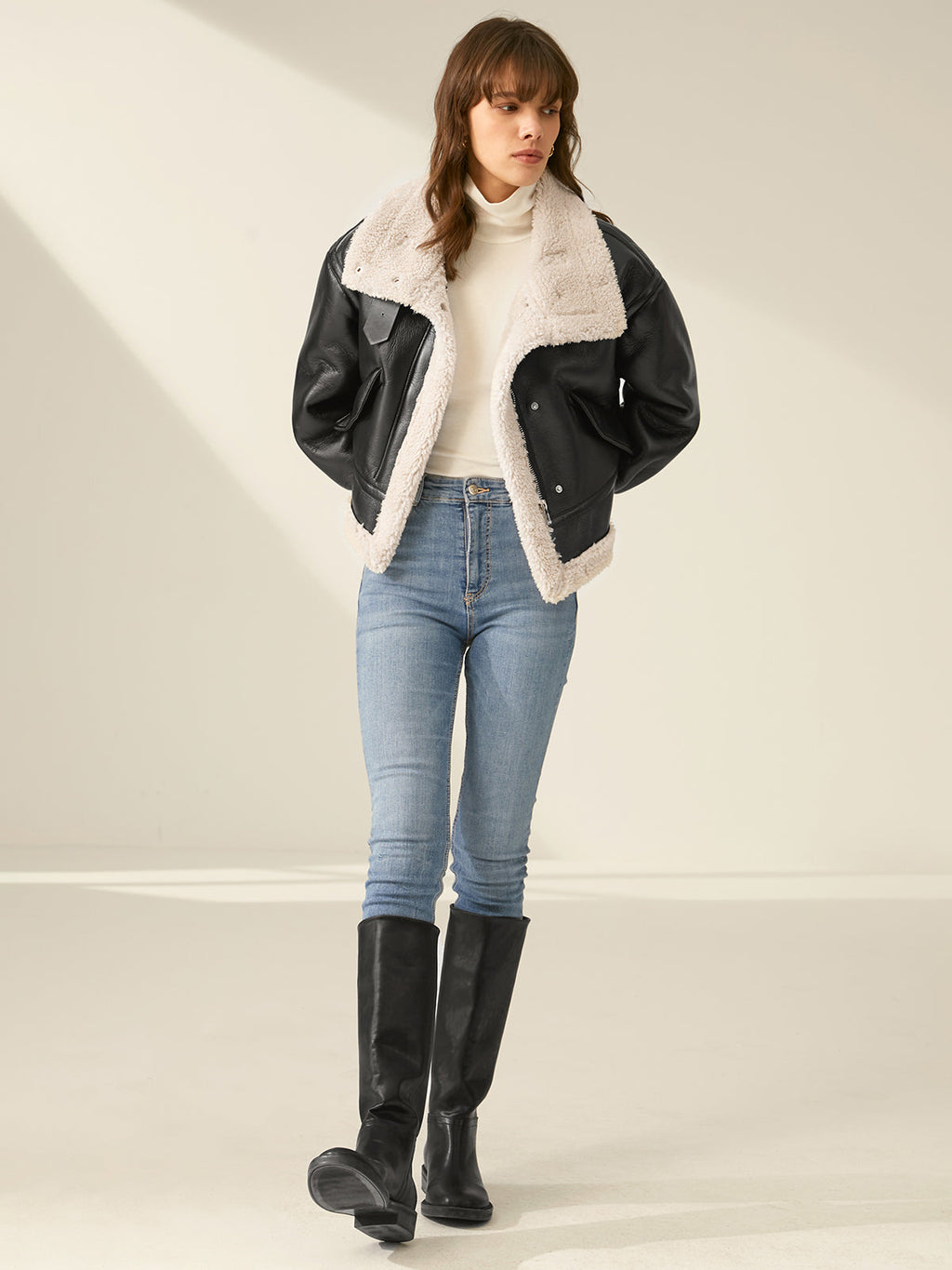 Tiberia | Faux Leather Aviator Jacket with Sherpa Lining