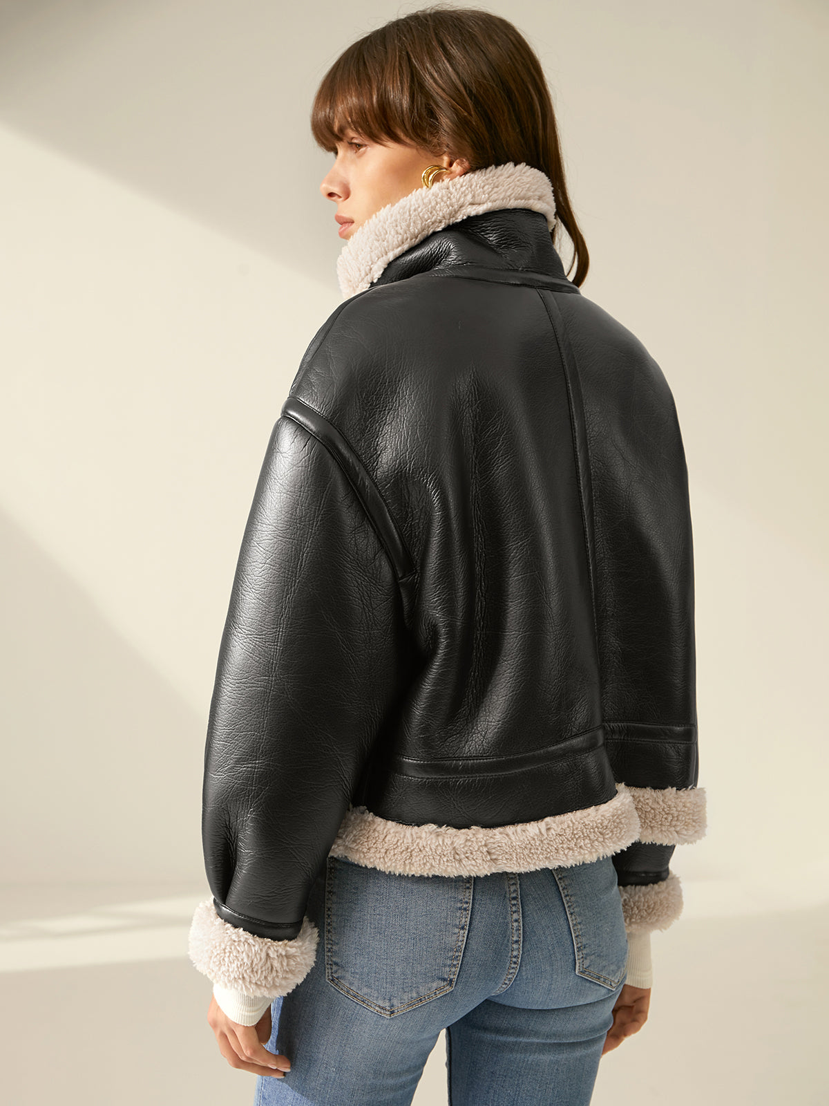 Tiberia | Faux Leather Aviator Jacket with Sherpa Lining