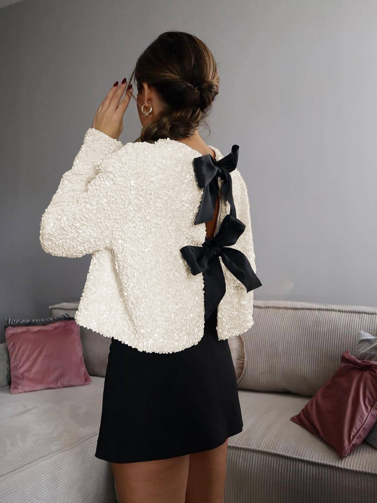 Lella | Sequin-Textured Jacket with Velvet Bow Detail