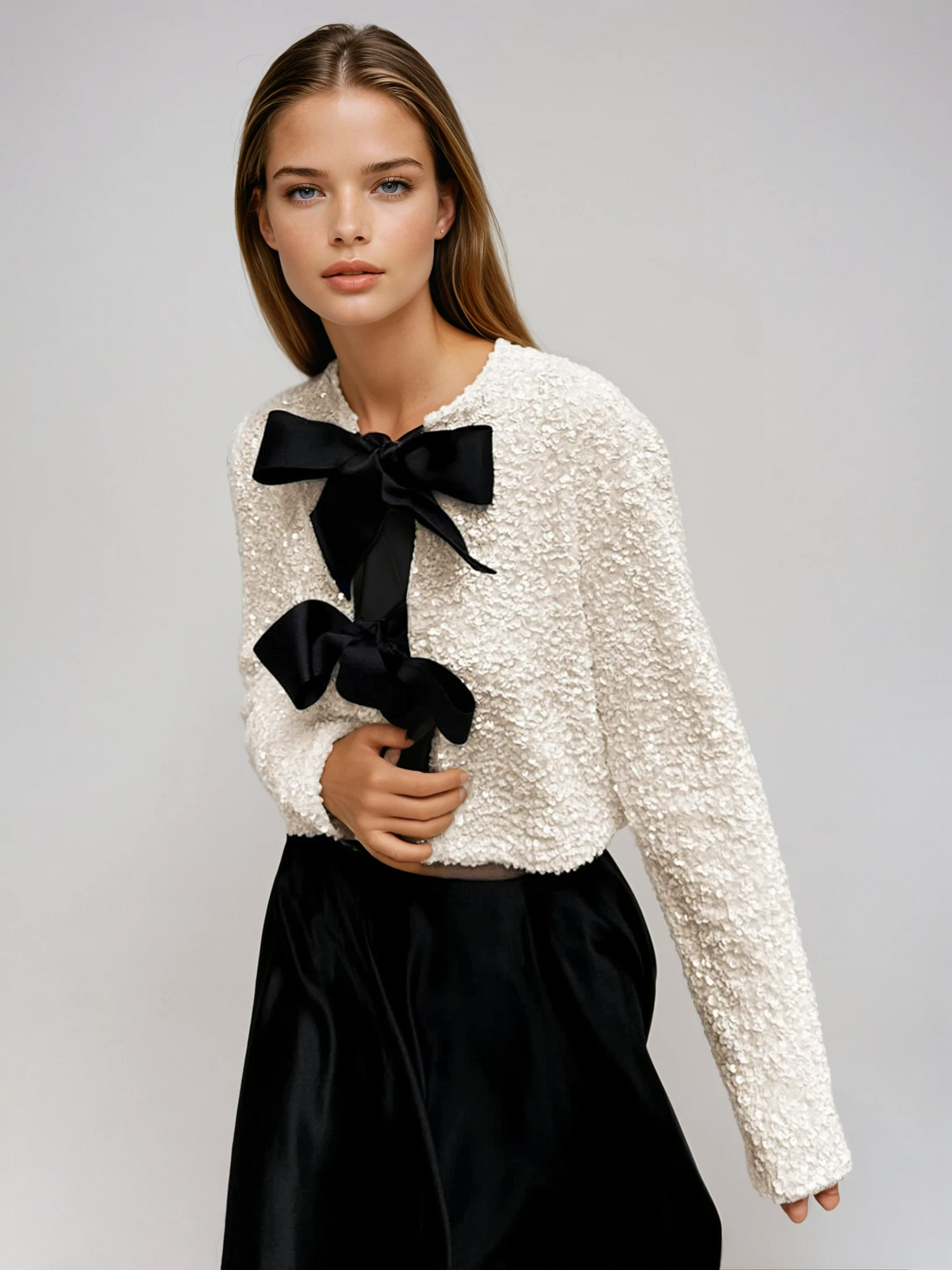 Lella | Sequin-Textured Jacket with Velvet Bow Detail