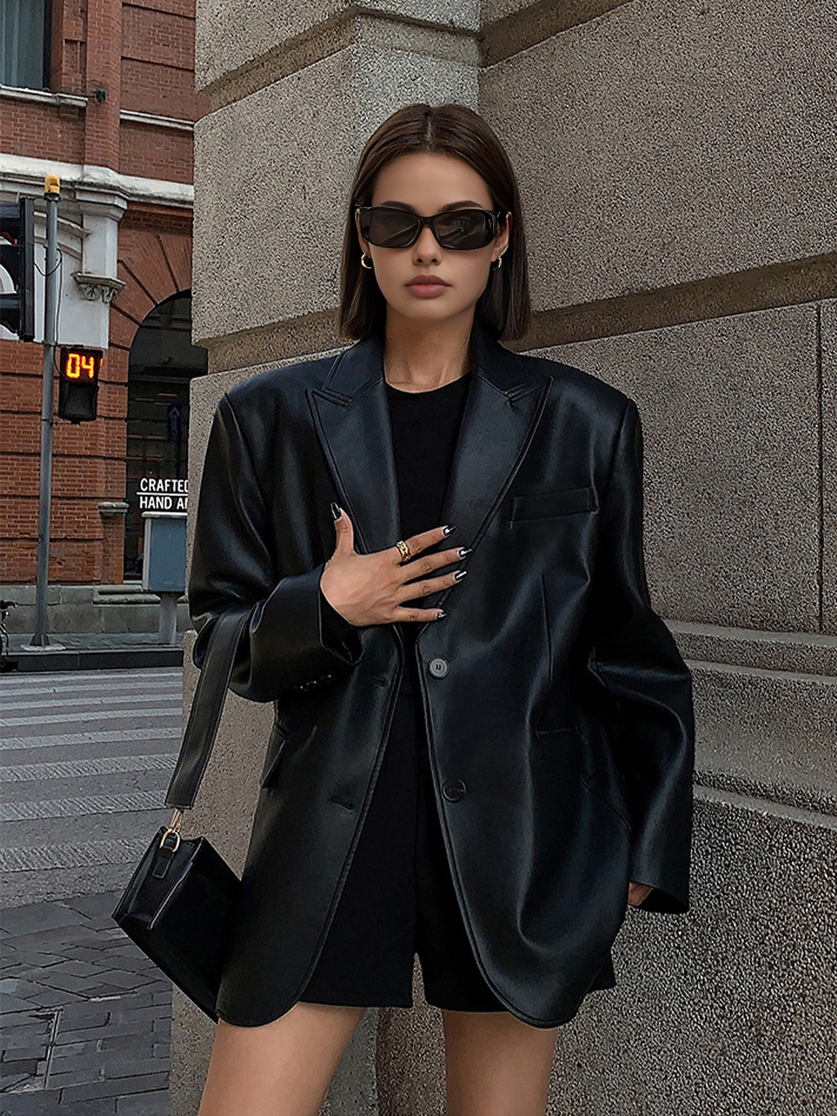 Venera | Oversized Faux Leather Blazer with Lapel