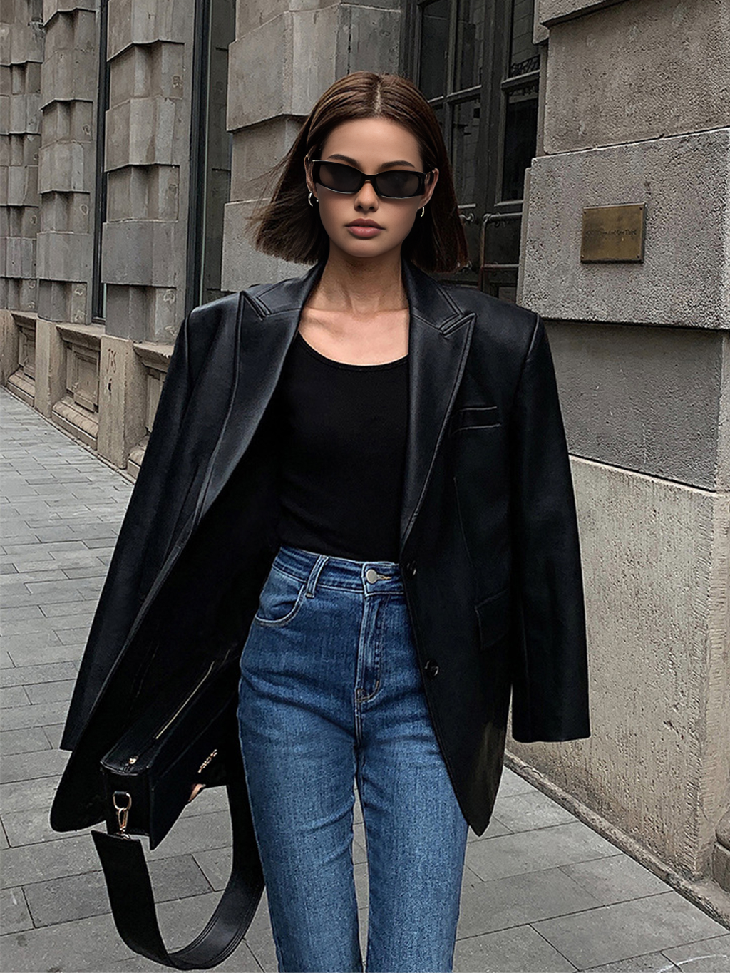 Venera | Oversized Faux Leather Blazer with Lapel