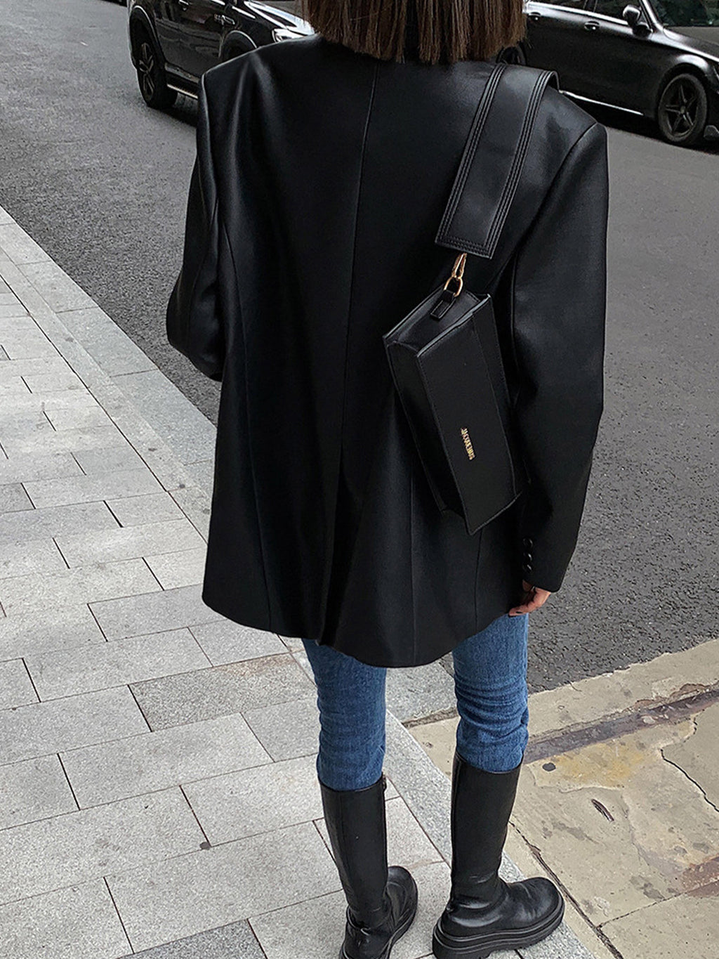 Venera | Oversized Faux Leather Blazer with Lapel