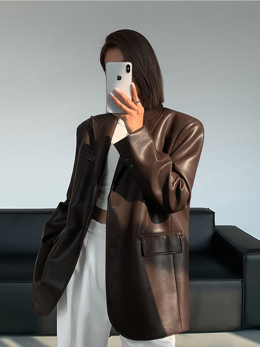 Venera | Oversized Faux Leather Blazer with Lapel