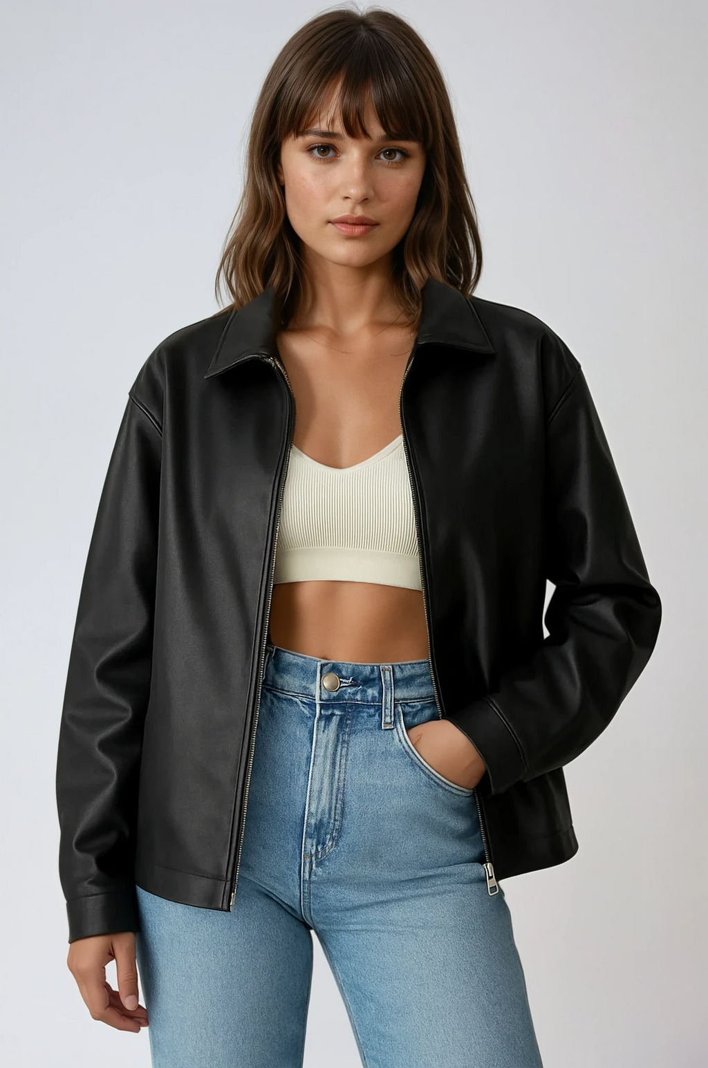 Vincenza | Black Faux Leather Jacket with Zip