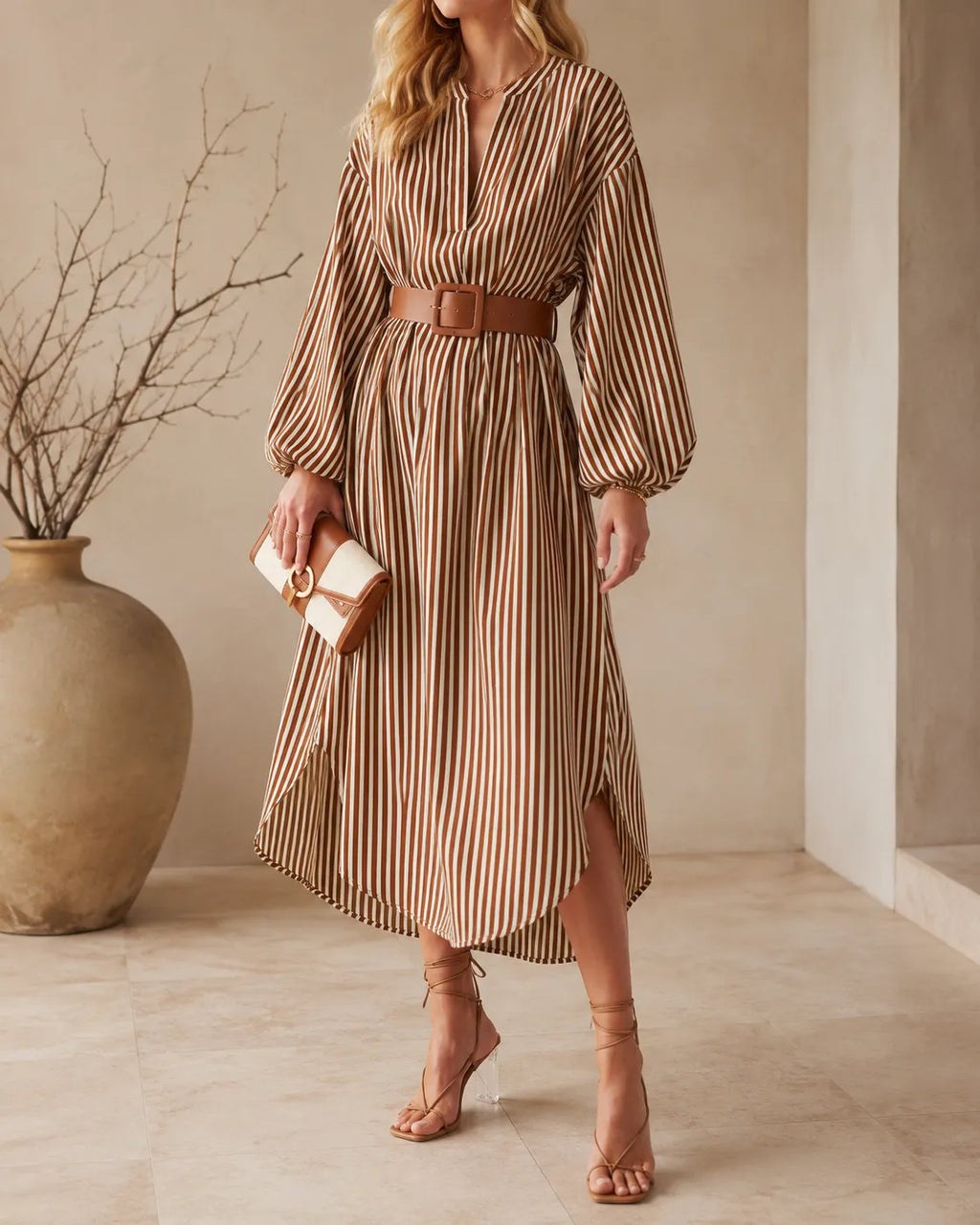 Sienna | Striped Midi Shirt Dress with Belt