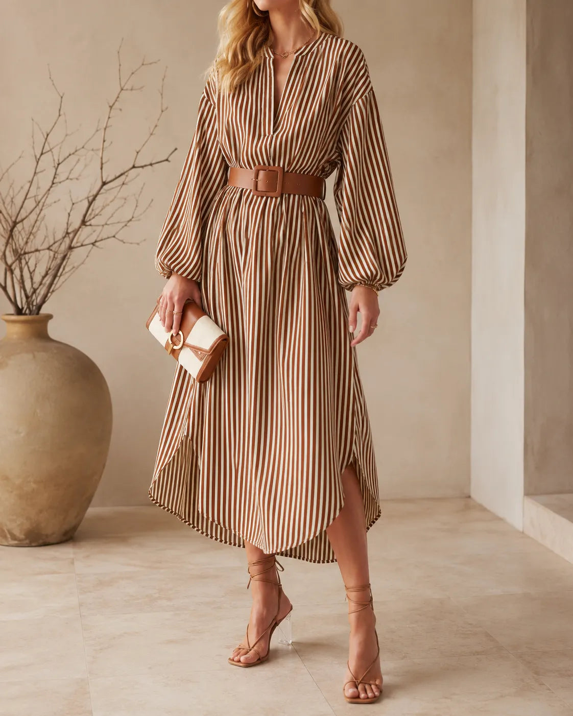Sienna | Dress Midi Striped Shirt Dress with Belt