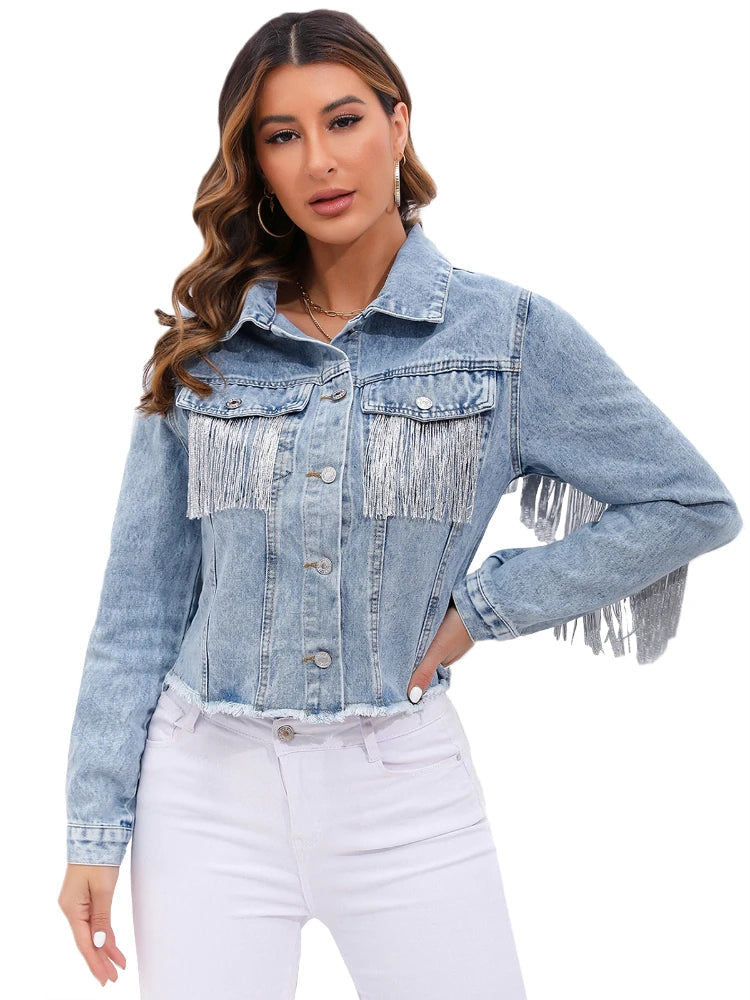 Rosaria | Short Denim Jacket with Frange & Fit Structured