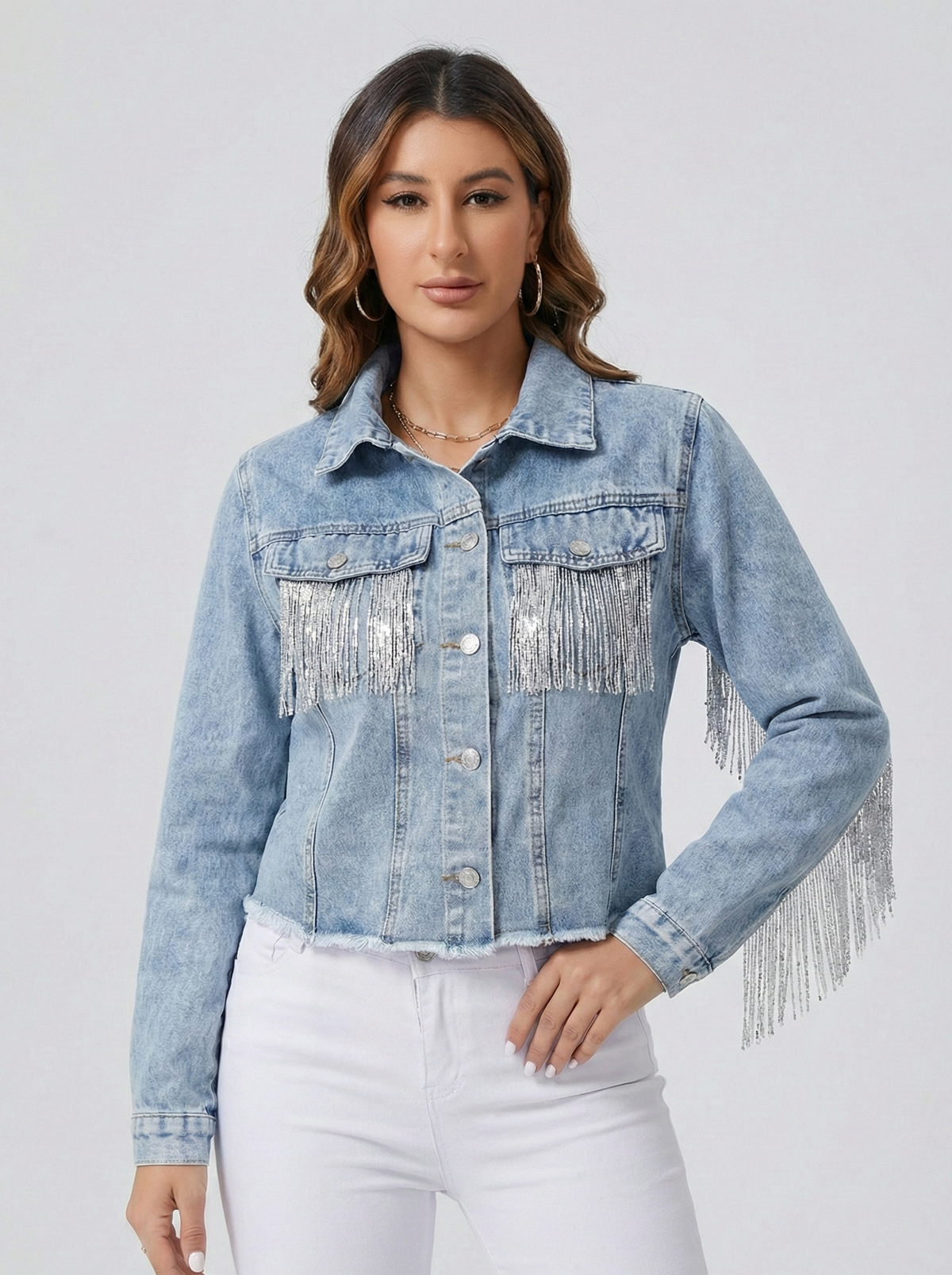 Rosaria | Short denim jacket with fringes and structured fit