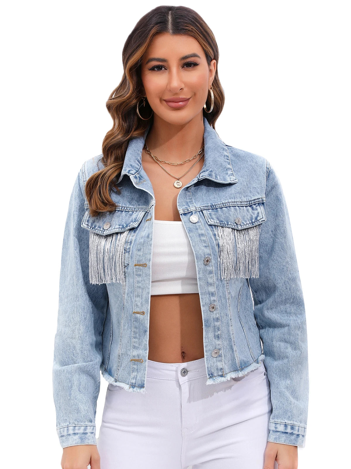 Rosaria | Short Denim Jacket with Frange & Fit Structured